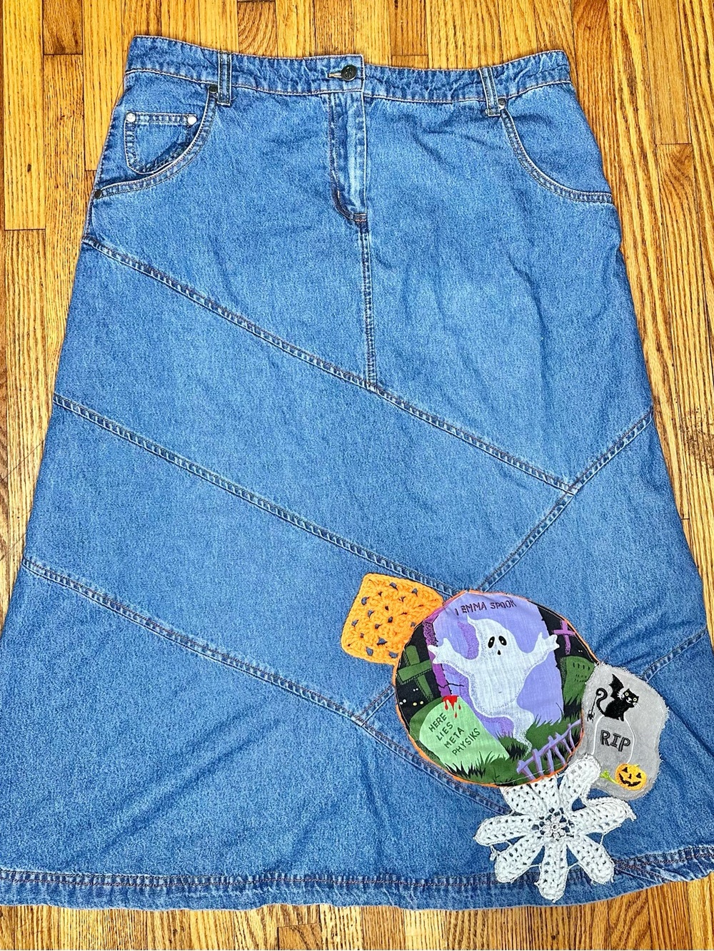 Upcycled Halloween Vintage Patchwork Denim Maxi Skirt